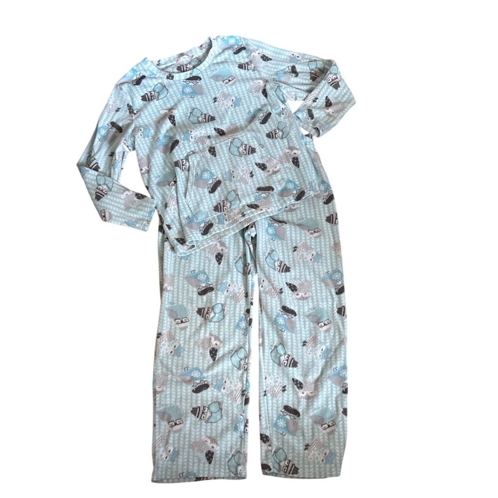 La Vie En Rose Pajama Set XL Womens Winter Fleece Blue Grn Owl Print Lounge Pock